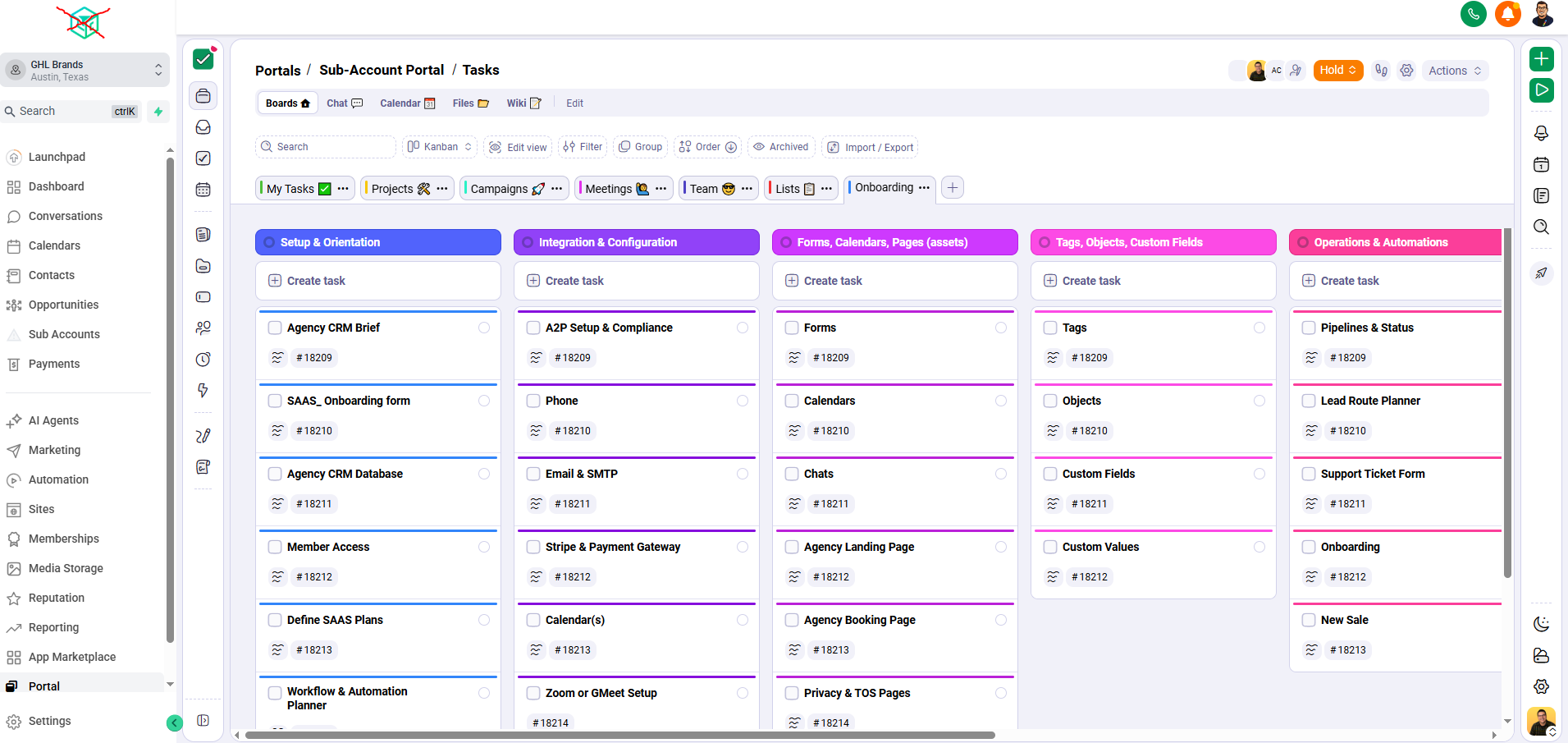 Boards view of a client sub-account portal embedded in HighLevel
